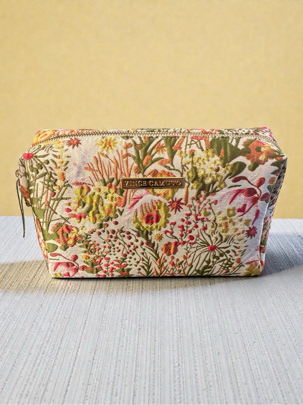 Vince Camuto Floral Embroidered Cosmetic Pouch - Cream, Pink, Green, Yellow
